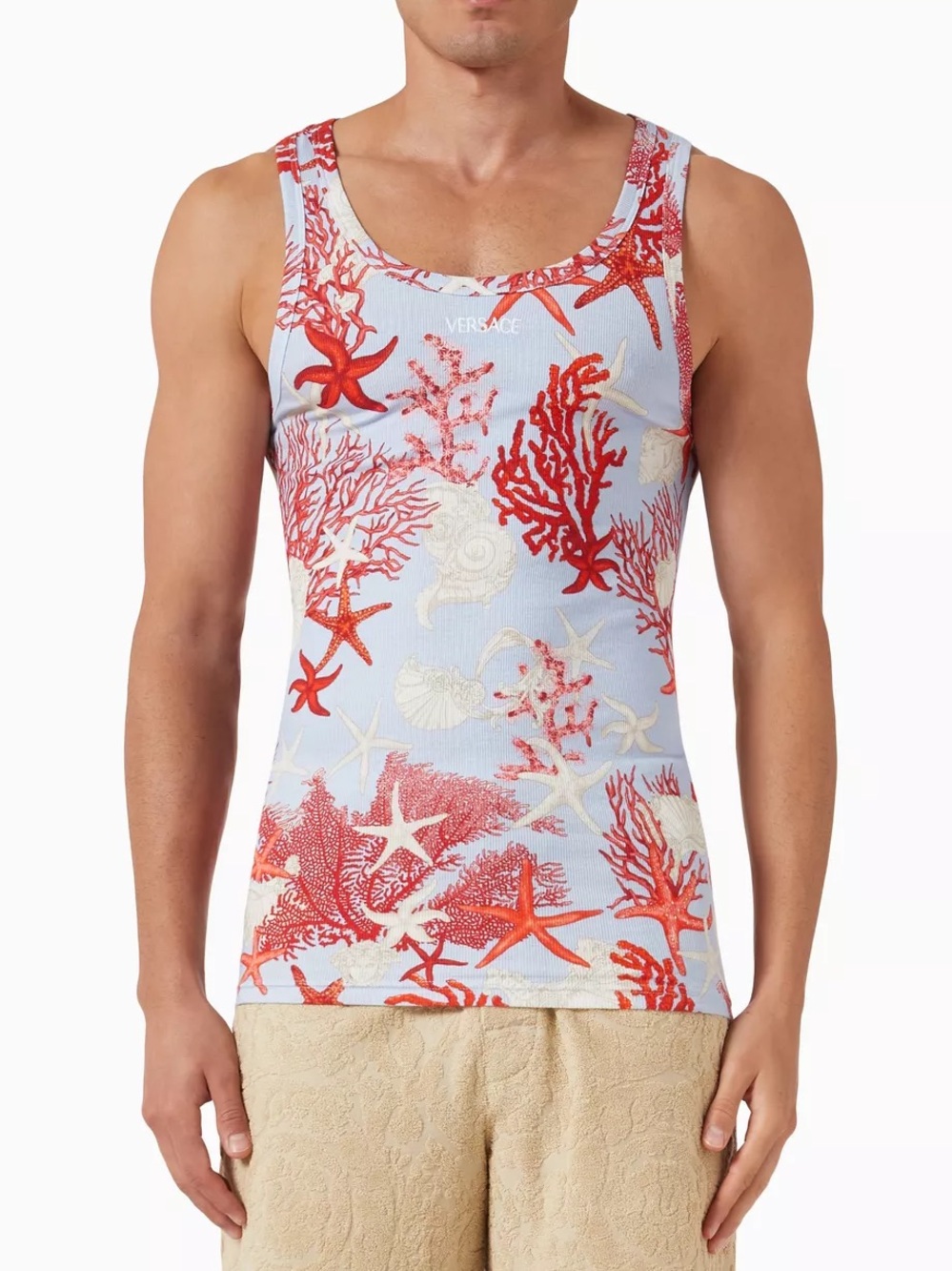 Versace Men’s Coral Print Tank Top in Light Blue & Red